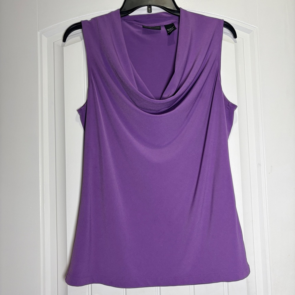 New York & Company Cowl Neck Top Women Medium Purple Sleeveless Stretch Blouse